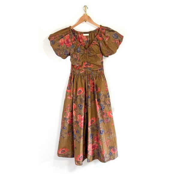 NWOT Ulla Johnson Midi Green Puff-Sleeve Floral Cecile Dress - Picture 2 of 6
